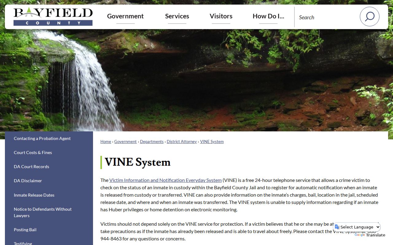 Bayfield County arrest records Wisconsin VINE custody lookup