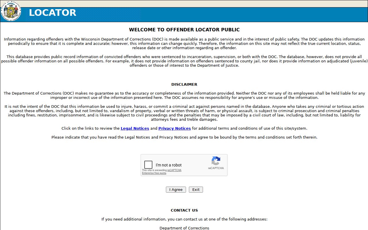 Bayfield County arrest custody Wisconsin DOC offender locator