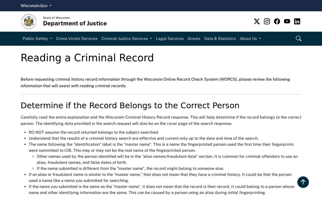 Reading a Bayfield County criminal history response from Wisconsin DOJ