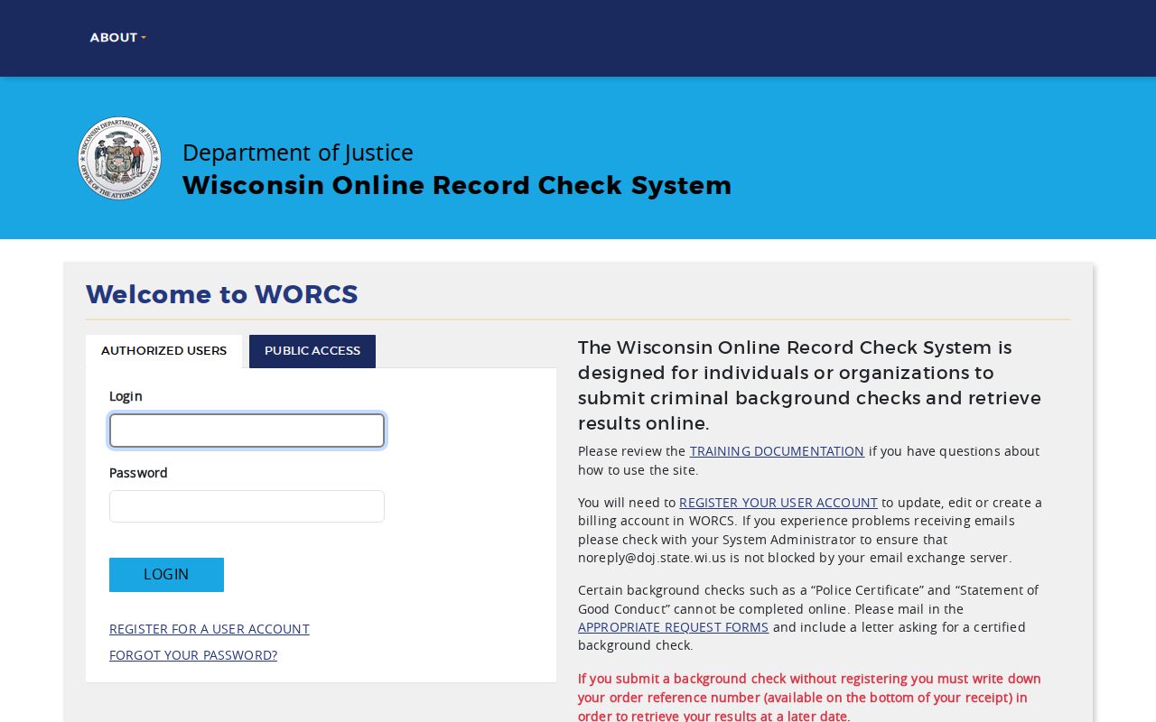 Bayfield County criminal record check through the WORCS entry screen
