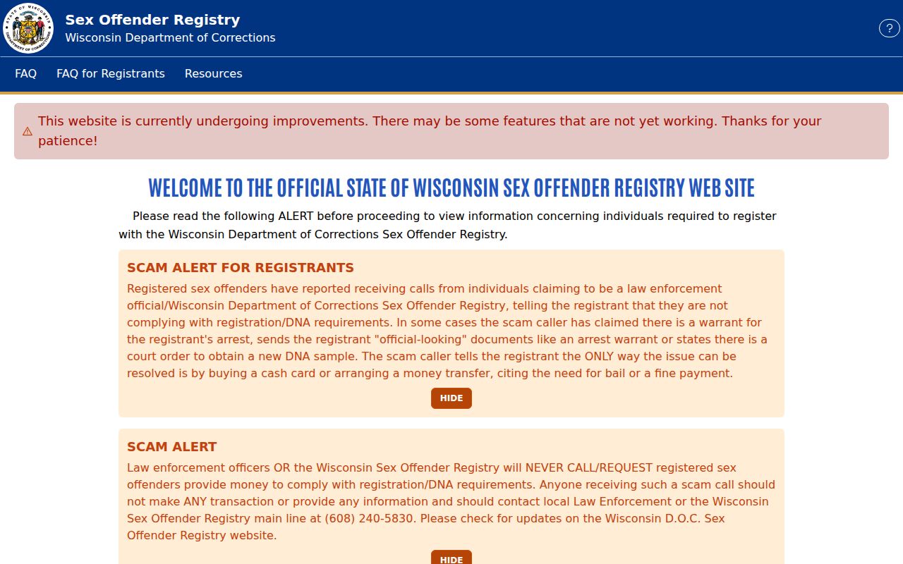 Wisconsin registry search form for Bayfield County sex offender lookup